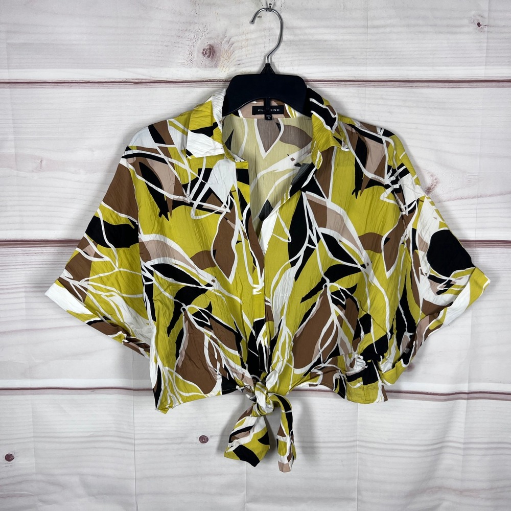 Pleione Top Women Small Yellow Abstract Tie Front Short Sleeve Blouse Cropped